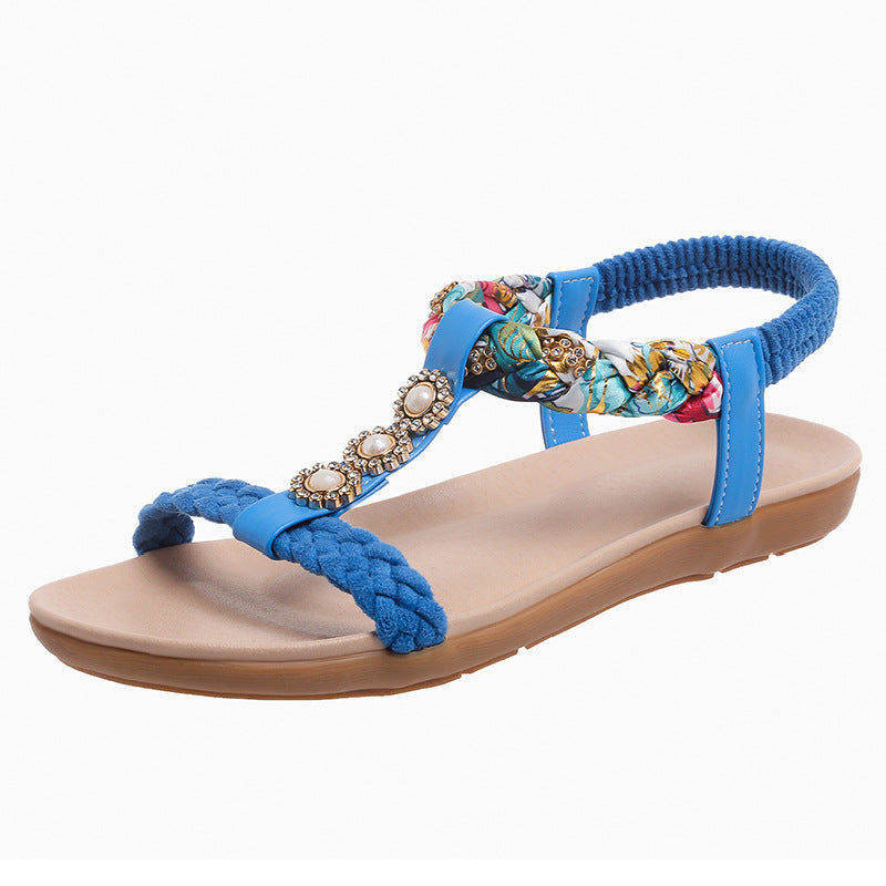 Bohemian Sandals Women's 2025 Summer Korean Style New Flat Rhinestone Sandals for plus size Pregnant Women and Students Beach Shoes