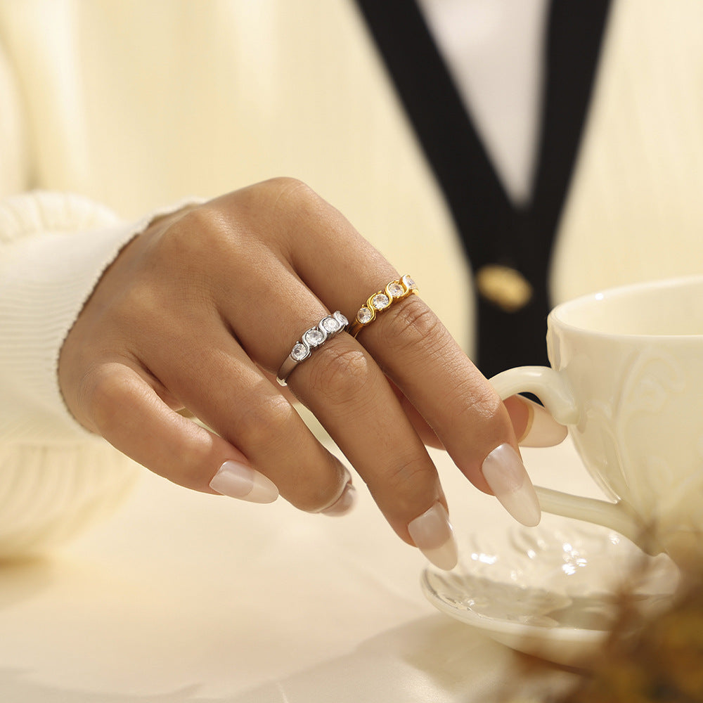 INS Europe and the United States niche inlaid single row zircon ring plating 18k real gold color cold palace wind stainless steel jewelry women