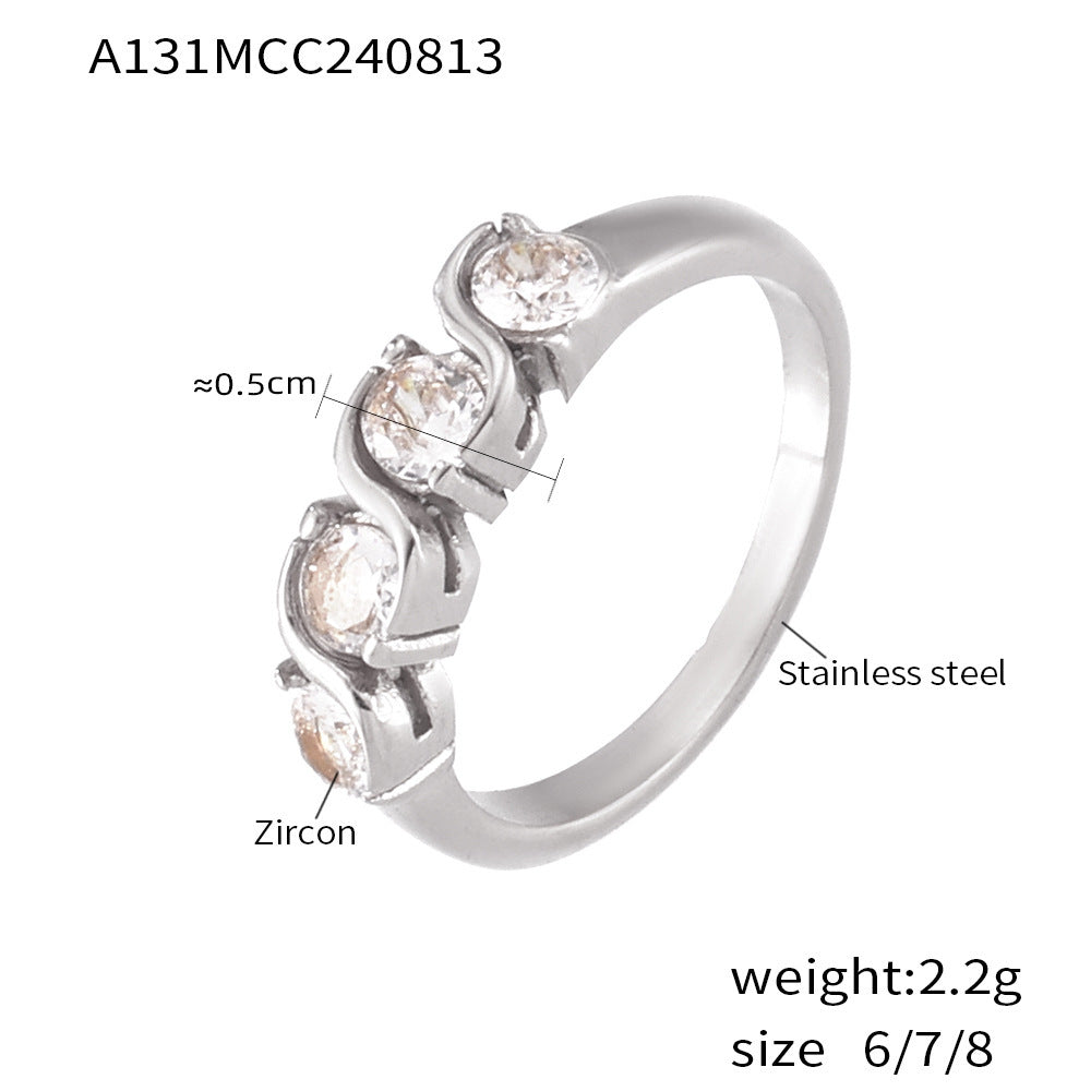 INS Europe and the United States niche inlaid single row zircon ring plating 18k real gold color cold palace wind stainless steel jewelry women