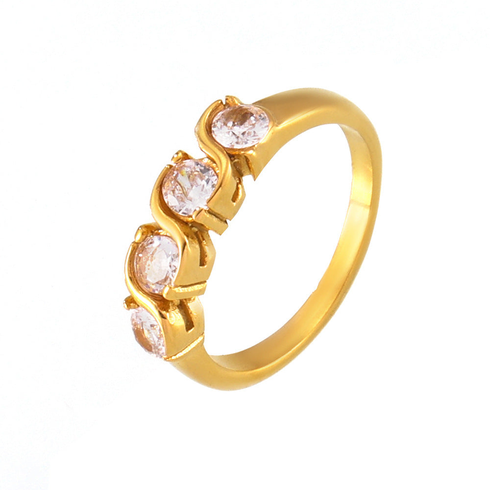INS Europe and the United States niche inlaid single row zircon ring plating 18k real gold color cold palace wind stainless steel jewelry women