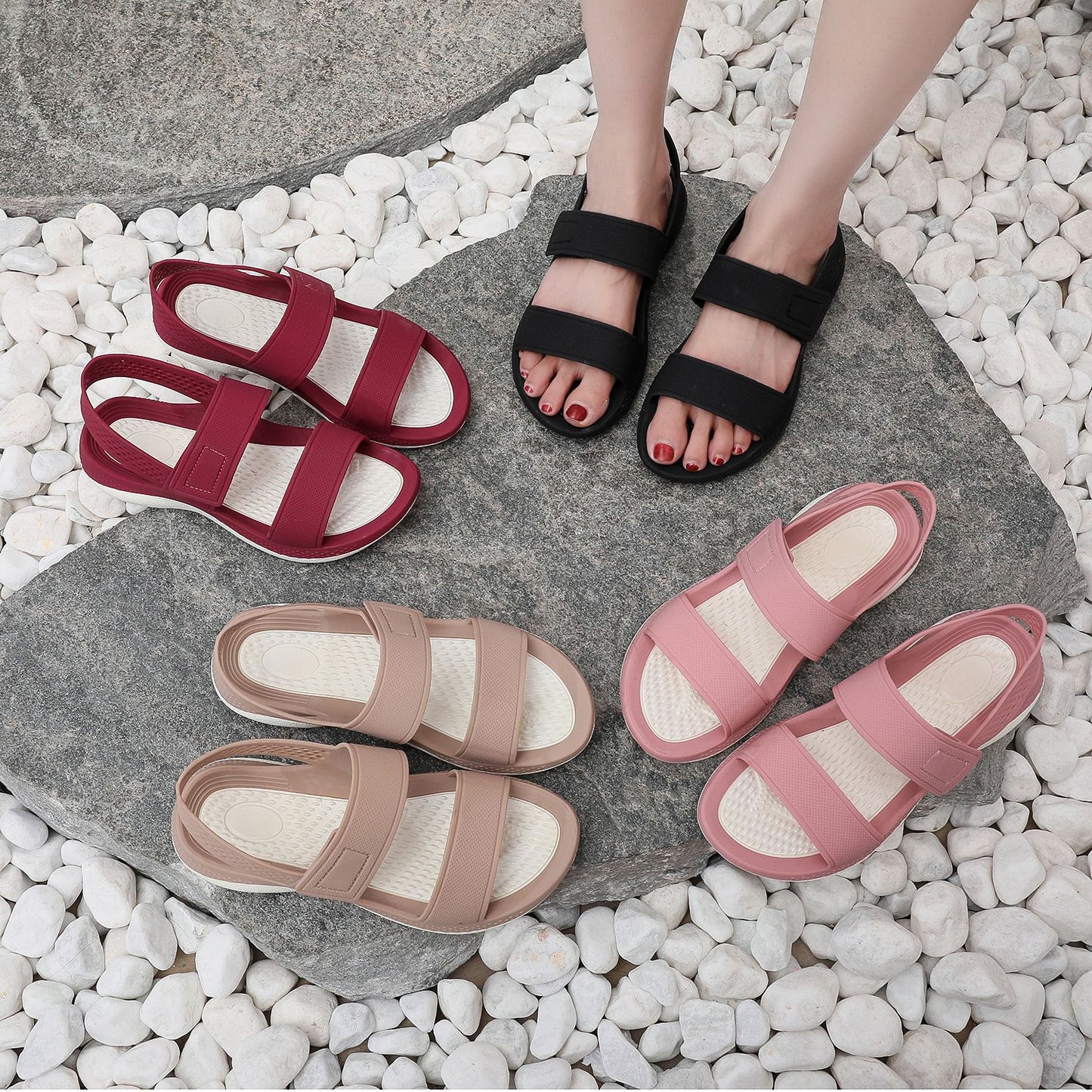 Women's Sandals 2023 Summer New Velcro Double Strap Flat Sandals All-match Outer Wear Set Toe Beach Sandals Women