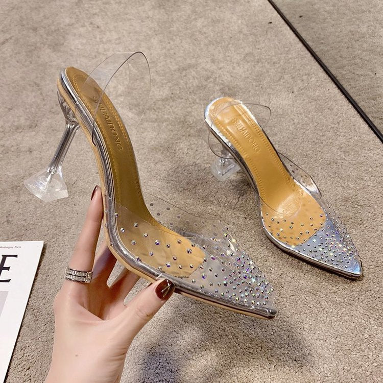 Cross-border 2020 New High Heels Summer Korean Style Women European and American Crystal Heel Thin Heel Sandals for Women