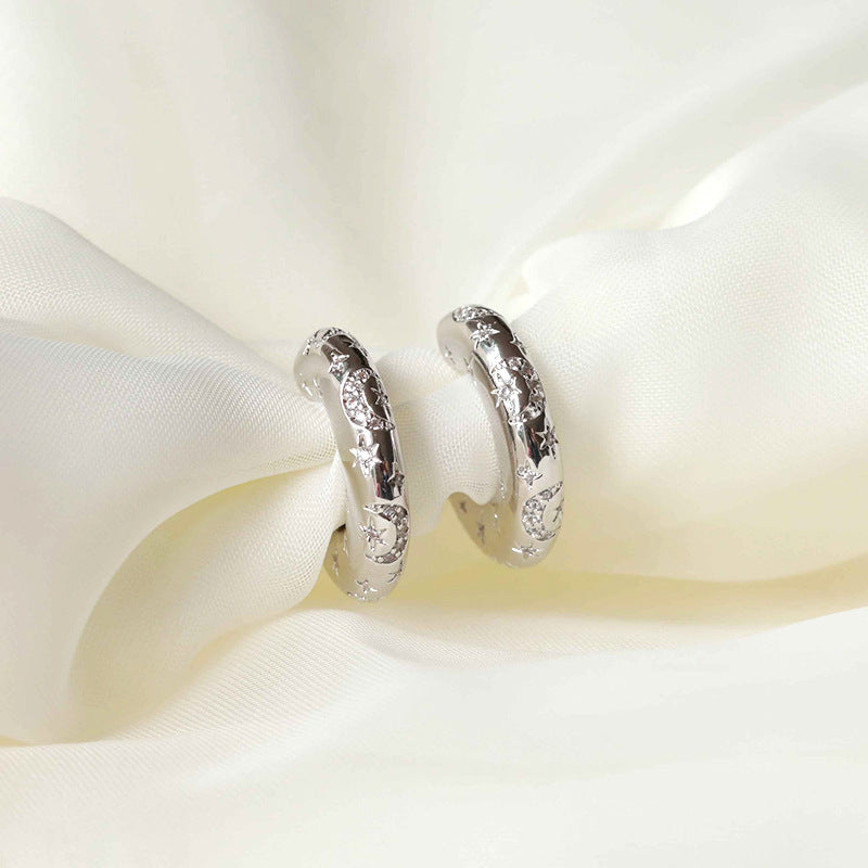S925 Silver Needle European and American Light Luxury Personalized Metal Style Crushed Zirconium C- Shaped Star and Moon Earrings Female Niche Design Stud Earrings