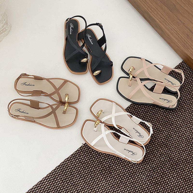 New Roman Sandals Women's Summer All-match Outwear Beach Finger Slippers 2024 Elegant Flip Flops for Women