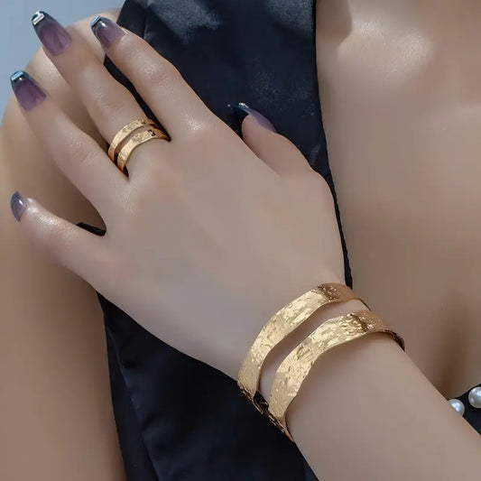 Hammered Open Cuff Bracelet & Ring Set