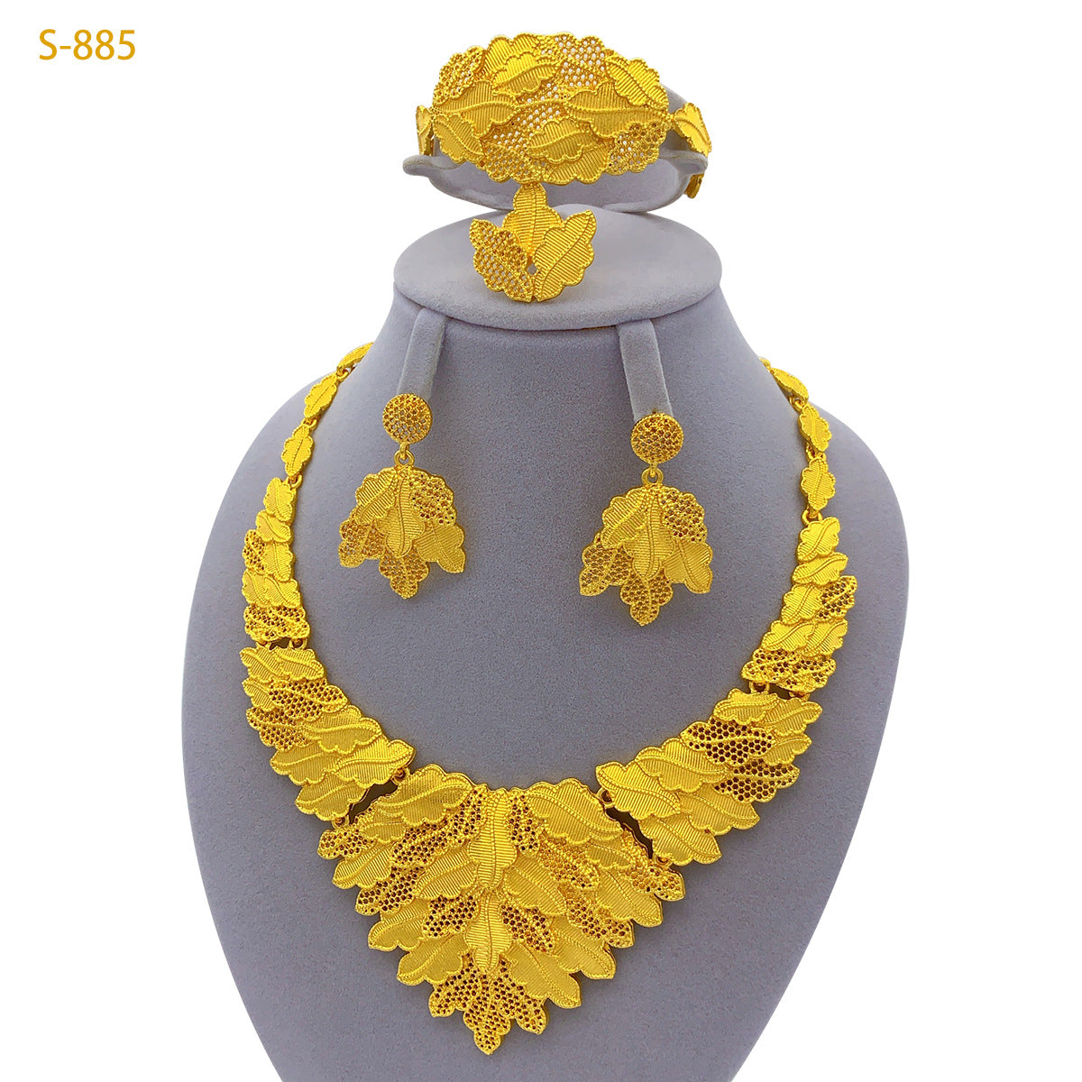 24K Gold Dubai Explosions Bride Four-piece Flower Rhinestone Jewelry Alloy Necklace Bracelet Earrings Ring