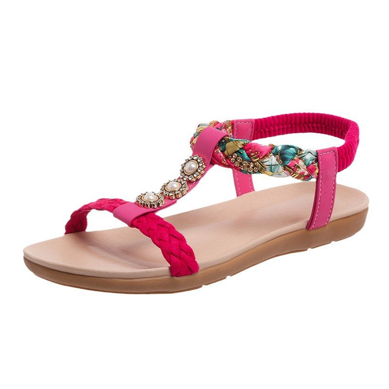 Bohemian Sandals Women's 2025 Summer Korean Style New Flat Rhinestone Sandals for plus size Pregnant Women and Students Beach Shoes