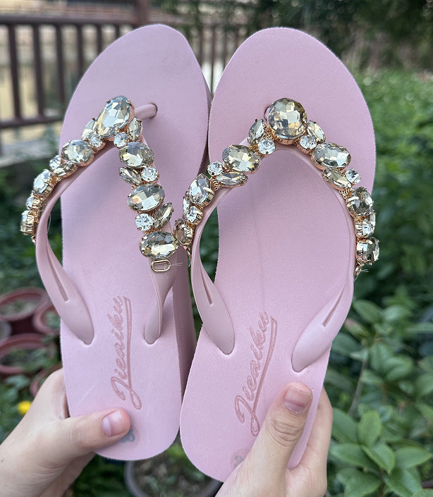 Choice One-Piece Drop Shipping Rhinestone Thick-Soled Flip-Flops for Women's Summer Outerwear Fashionable Korean Beach Shoes Wedge Heels for Women
