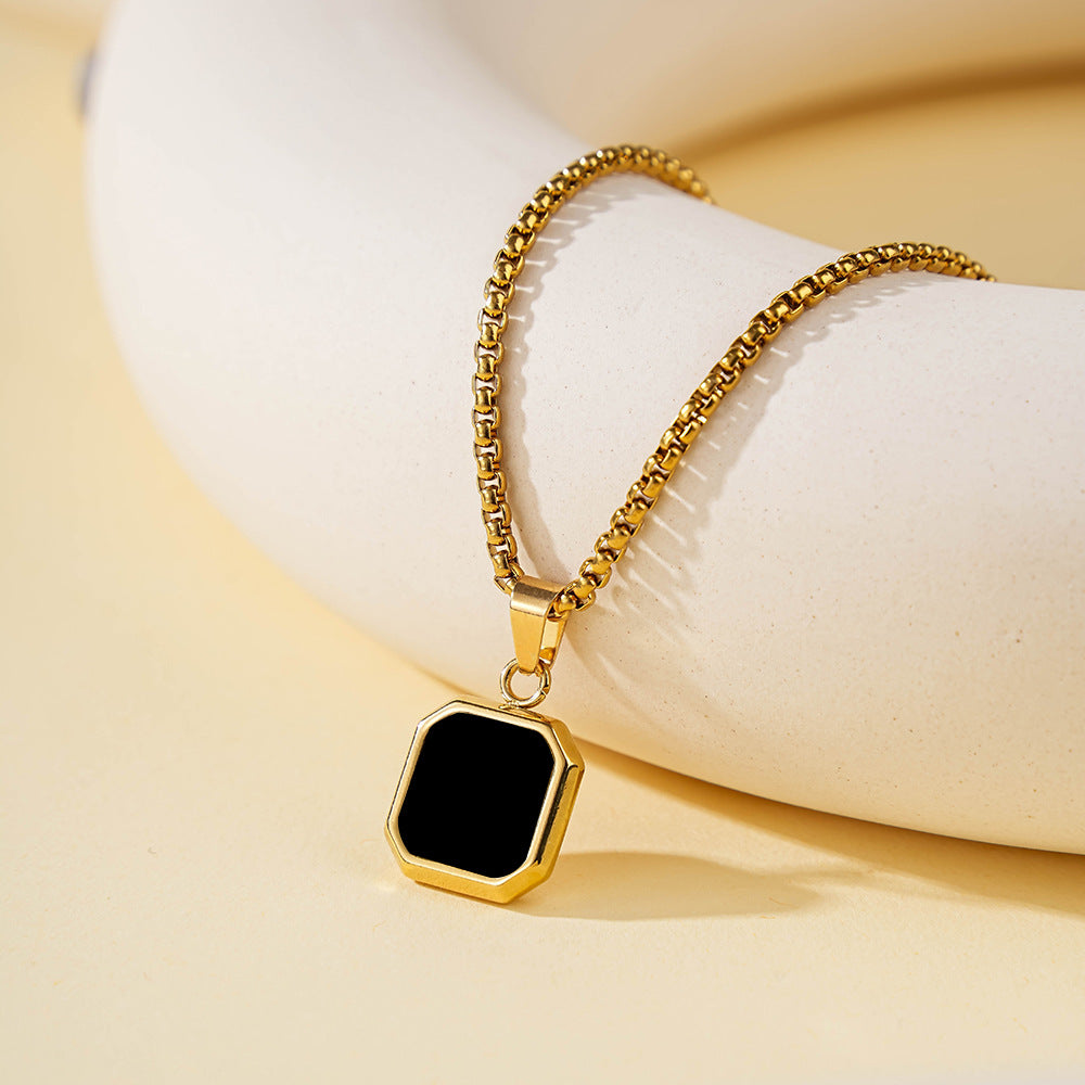 Amazon Cross-Border Best-Selling Fashionable Stainless Steel Small Square Black Oil Necklace Men and Women Souvenir Holiday Gift