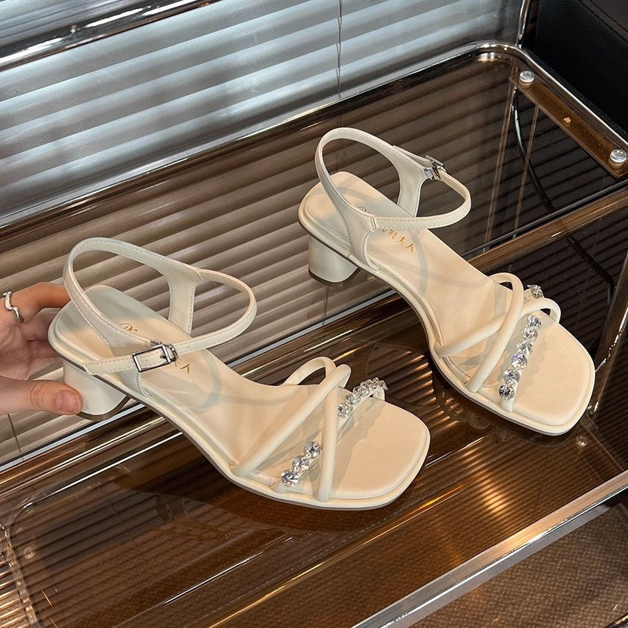 French-Style High-Heeled Mid-Heel Sandals for Women, 2026 New Summer Model, Single-Strap with Rhinestones, Chunky Heel, Suitable for Pairing with Dresses, Fairy Sandals