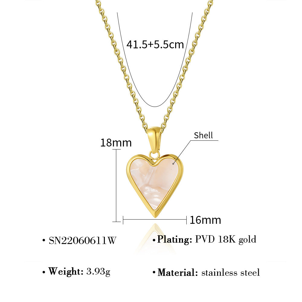 French-Style Fashion Light Luxury Versatile Necklace, Real Gold Plated, Non-Fading, Clavicle Chain, Suitable for Bathing, Mother-Of-Pearl Pendant, Heart-Shaped Necklace