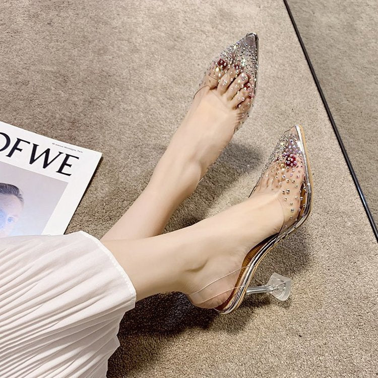 Cross-border 2020 New High Heels Summer Korean Style Women European and American Crystal Heel Thin Heel Sandals for Women