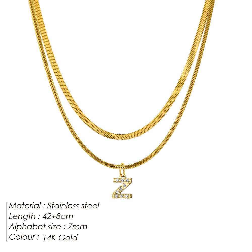 St.Delan European and American Style Stainless Steel Double-Layer Flat Snake Chain Round Snake Chain 26 Letter Necklace Stackable Diamond-Encrusted Collarbone Chain Sweet