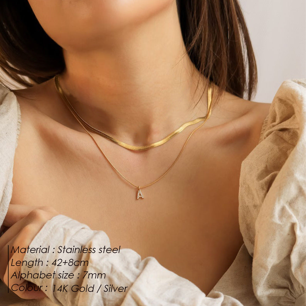 St.Delan European and American Style Stainless Steel Double-Layer Flat Snake Chain Round Snake Chain 26 Letter Necklace Stackable Diamond-Encrusted Collarbone Chain Sweet