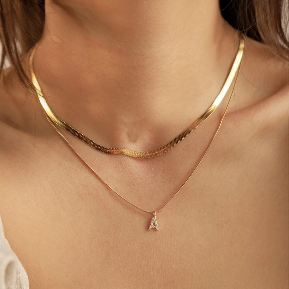 St.Delan European and American Style Stainless Steel Double-Layer Flat Snake Chain Round Snake Chain 26 Letter Necklace Stackable Diamond-Encrusted Collarbone Chain Sweet