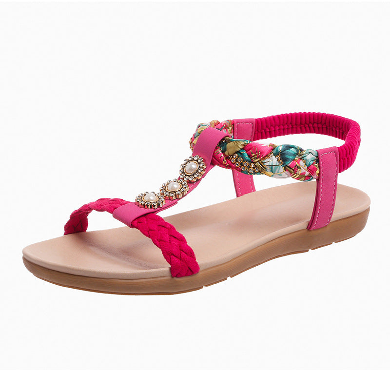 Bohemian Sandals Women's 2025 Summer Korean Style New Flat Rhinestone Sandals for plus size Pregnant Women and Students Beach Shoes