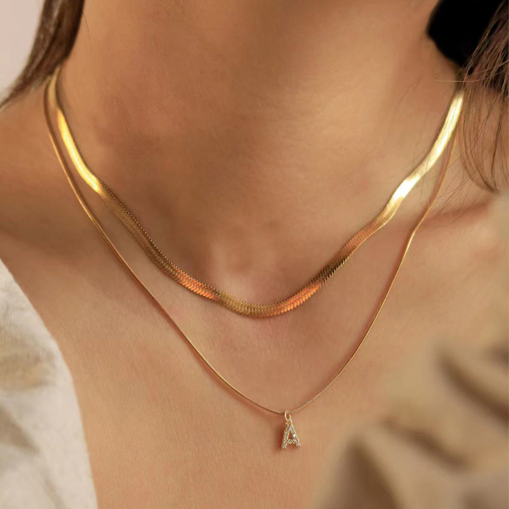 St.Delan European and American Style Stainless Steel Double-Layer Flat Snake Chain Round Snake Chain 26 Letter Necklace Stackable Diamond-Encrusted Collarbone Chain Sweet