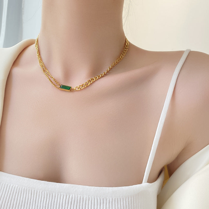 Titanium steel necklace bracelet women's set jewelry light luxury niche emerald diamond-embedded clavicle chain fashion all-match necklace