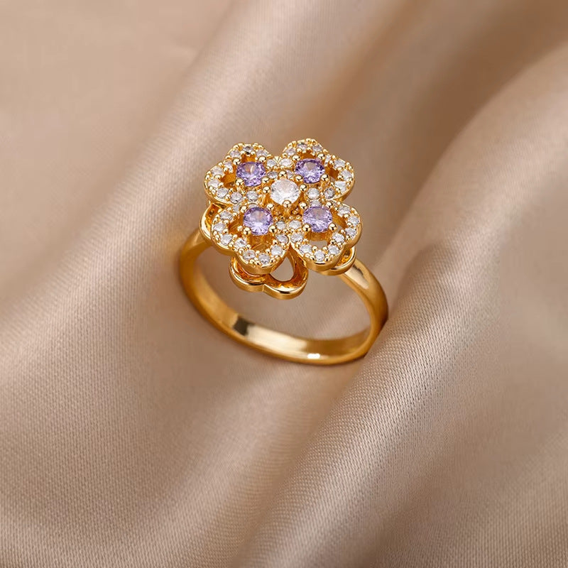 Europe and the United States cross-border exquisite inlaid green zircon flower ring ladies 2025 new high-grade retro ring wholesale