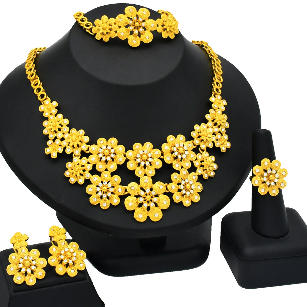 24K Gold Dubai Explosions Bride Four-piece Flower Rhinestone Jewelry Alloy Necklace Bracelet Earrings Ring