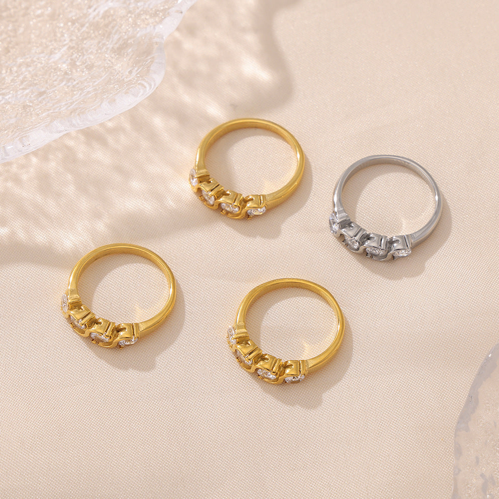 INS Europe and the United States niche inlaid single row zircon ring plating 18k real gold color cold palace wind stainless steel jewelry women