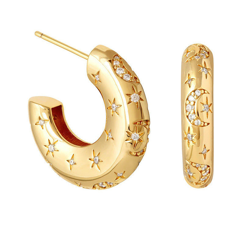 S925 Silver Needle European and American Light Luxury Personalized Metal Style Crushed Zirconium C- Shaped Star and Moon Earrings Female Niche Design Stud Earrings