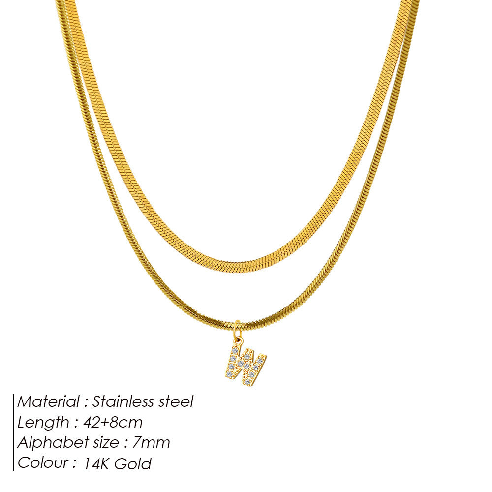 St.Delan European and American Style Stainless Steel Double-Layer Flat Snake Chain Round Snake Chain 26 Letter Necklace Stackable Diamond-Encrusted Collarbone Chain Sweet
