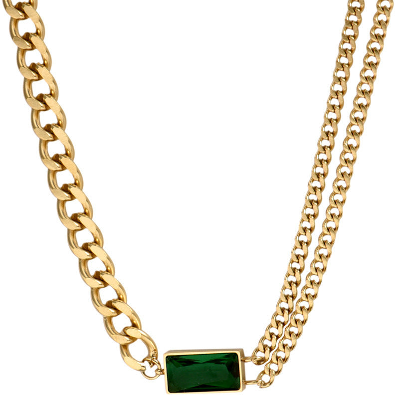 Titanium steel necklace bracelet women's set jewelry light luxury niche emerald diamond-embedded clavicle chain fashion all-match necklace