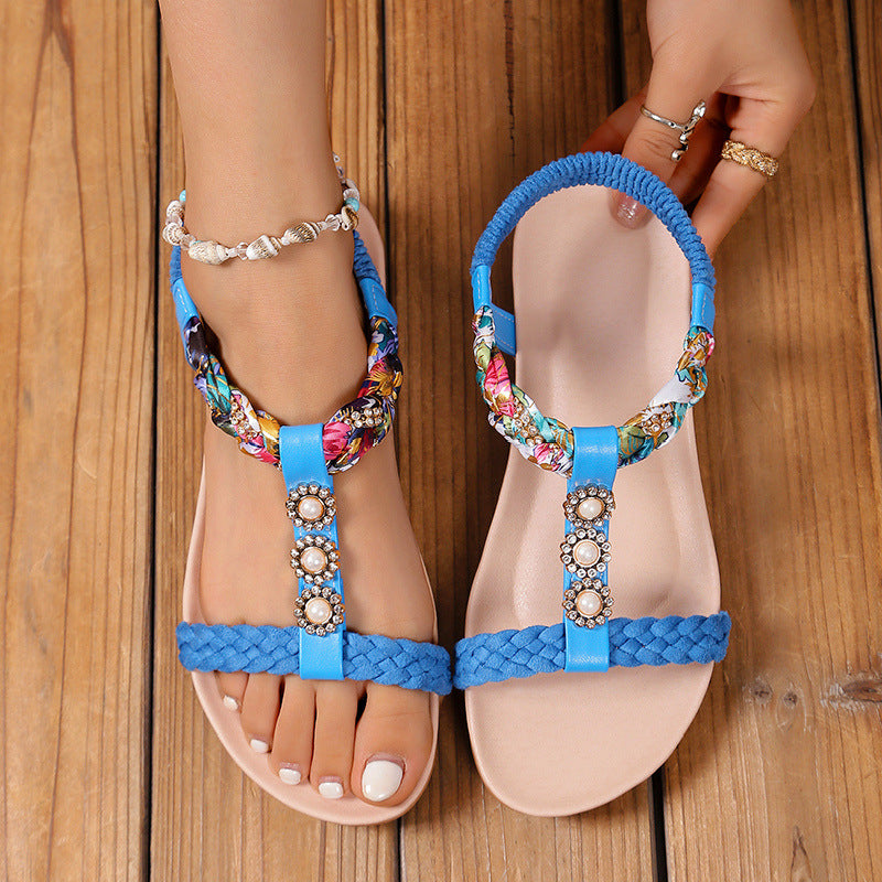 Bohemian Sandals Women's 2025 Summer Korean Style New Flat Rhinestone Sandals for plus size Pregnant Women and Students Beach Shoes