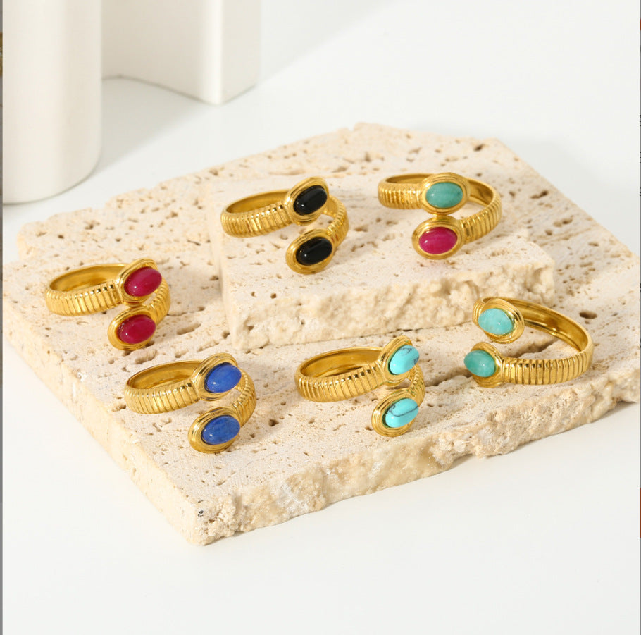 Cross-border new European and American atmosphere simple titanium steel oval inlaid natural stone fashion high sense stainless steel ring