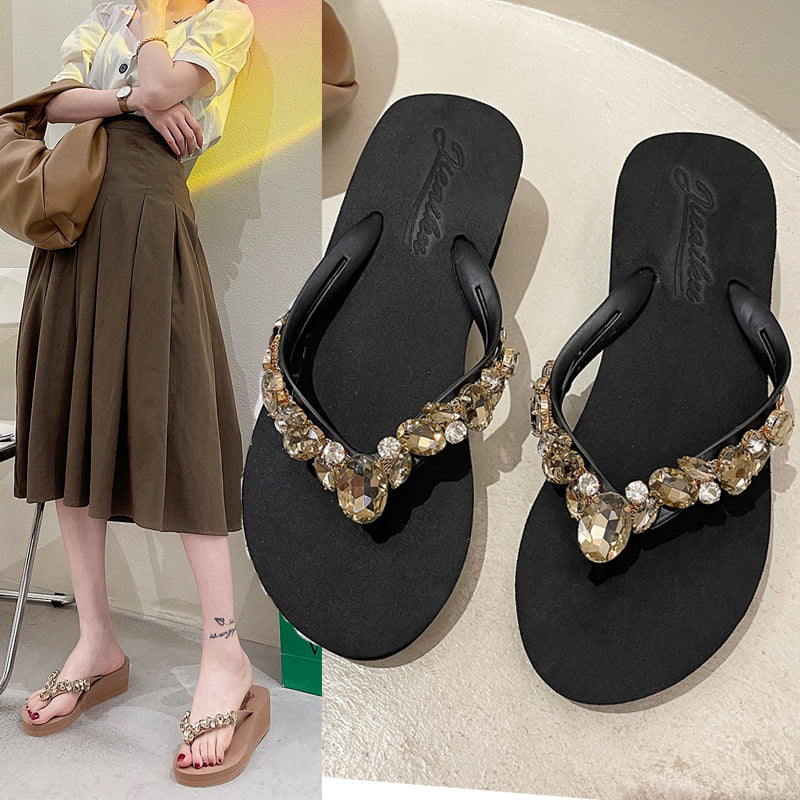 Choice One-Piece Drop Shipping Rhinestone Thick-Soled Flip-Flops for Women's Summer Outerwear Fashionable Korean Beach Shoes Wedge Heels for Women