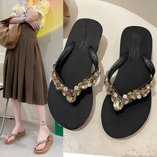 Women's Rhinestone Thick-Soled Platform Beach Flip-Flops
