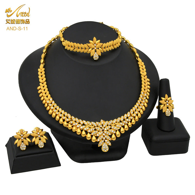 24K Gold Dubai Explosions Bride Four-piece Flower Rhinestone Jewelry Alloy Necklace Bracelet Earrings Ring