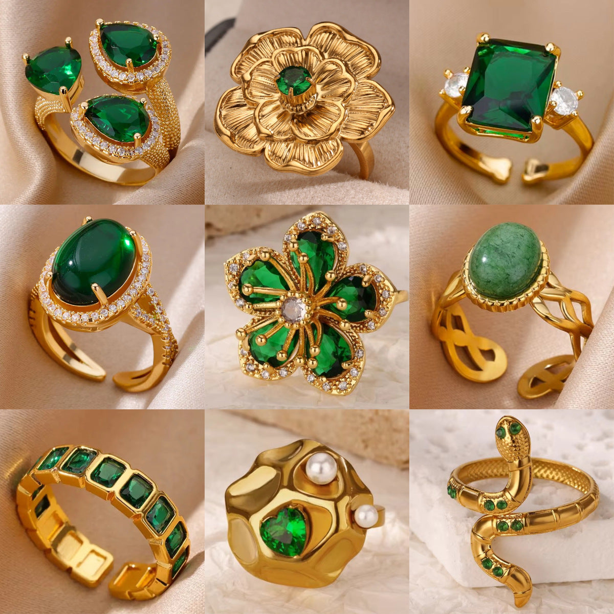 Europe and the United States cross-border exquisite inlaid green zircon flower ring ladies 2025 new high-grade retro ring wholesale