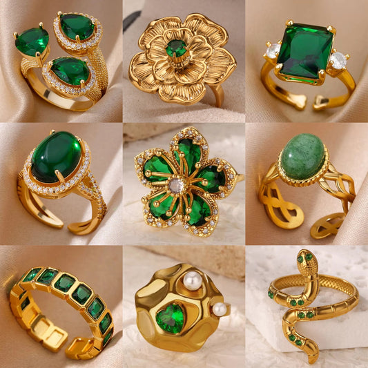 Exquisite Green Zircon Floral Retro Statement Ring