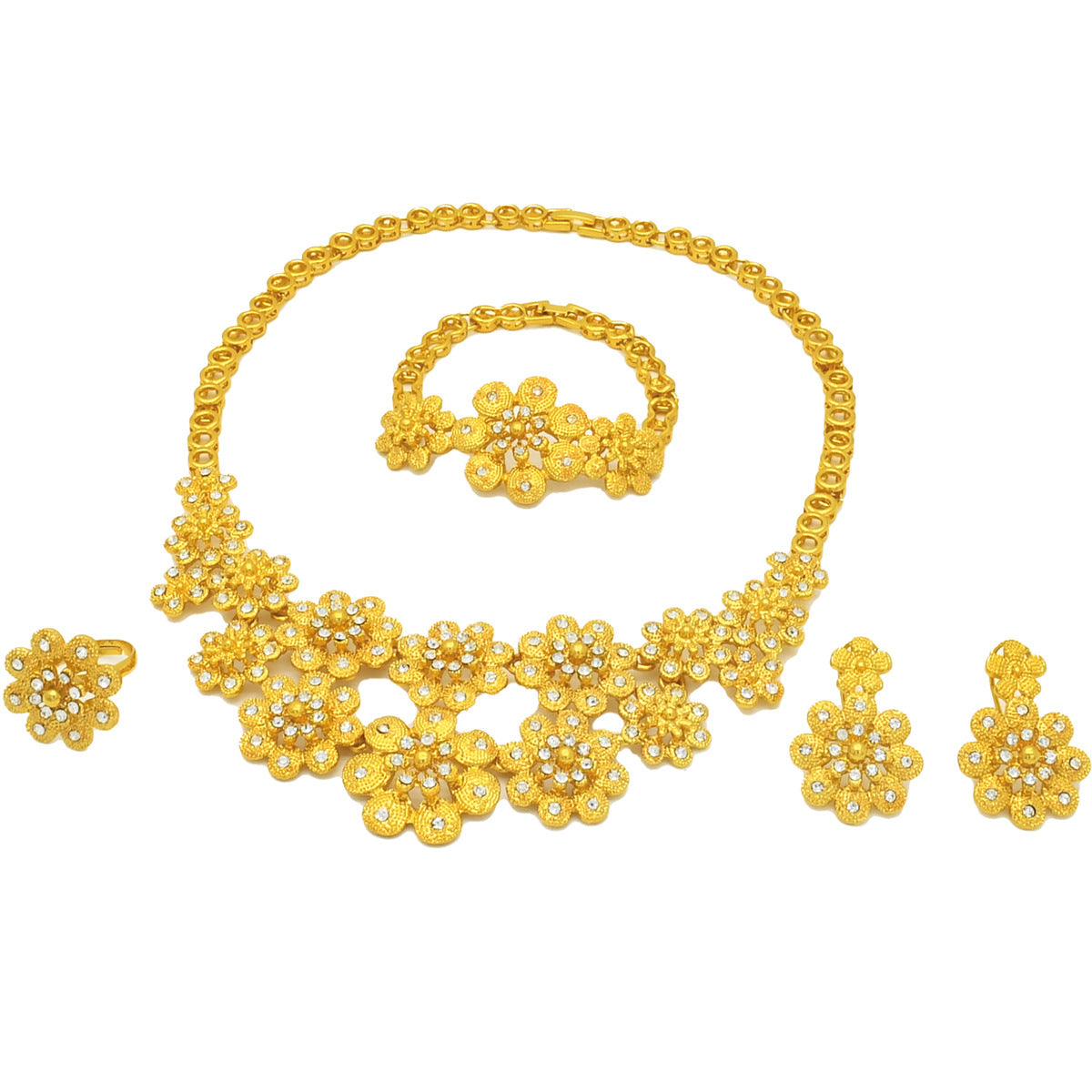 24K Gold Dubai Explosions Bride Four-piece Flower Rhinestone Jewelry Alloy Necklace Bracelet Earrings Ring