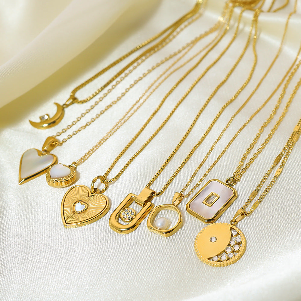 French-Style Fashion Light Luxury Versatile Necklace, Real Gold Plated, Non-Fading, Clavicle Chain, Suitable for Bathing, Mother-Of-Pearl Pendant, Heart-Shaped Necklace