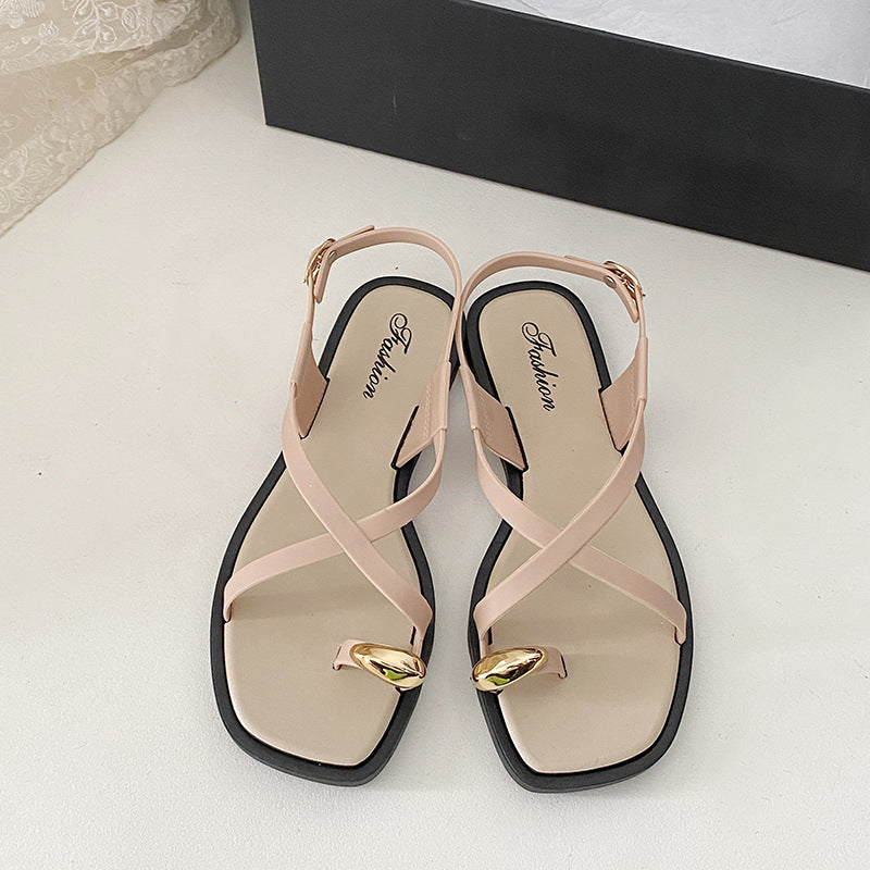 New Roman Sandals Women's Summer All-match Outwear Beach Finger Slippers 2024 Elegant Flip Flops for Women