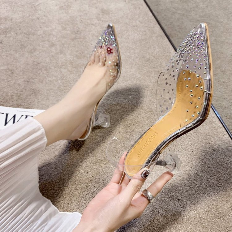 Cross-border 2020 New High Heels Summer Korean Style Women European and American Crystal Heel Thin Heel Sandals for Women