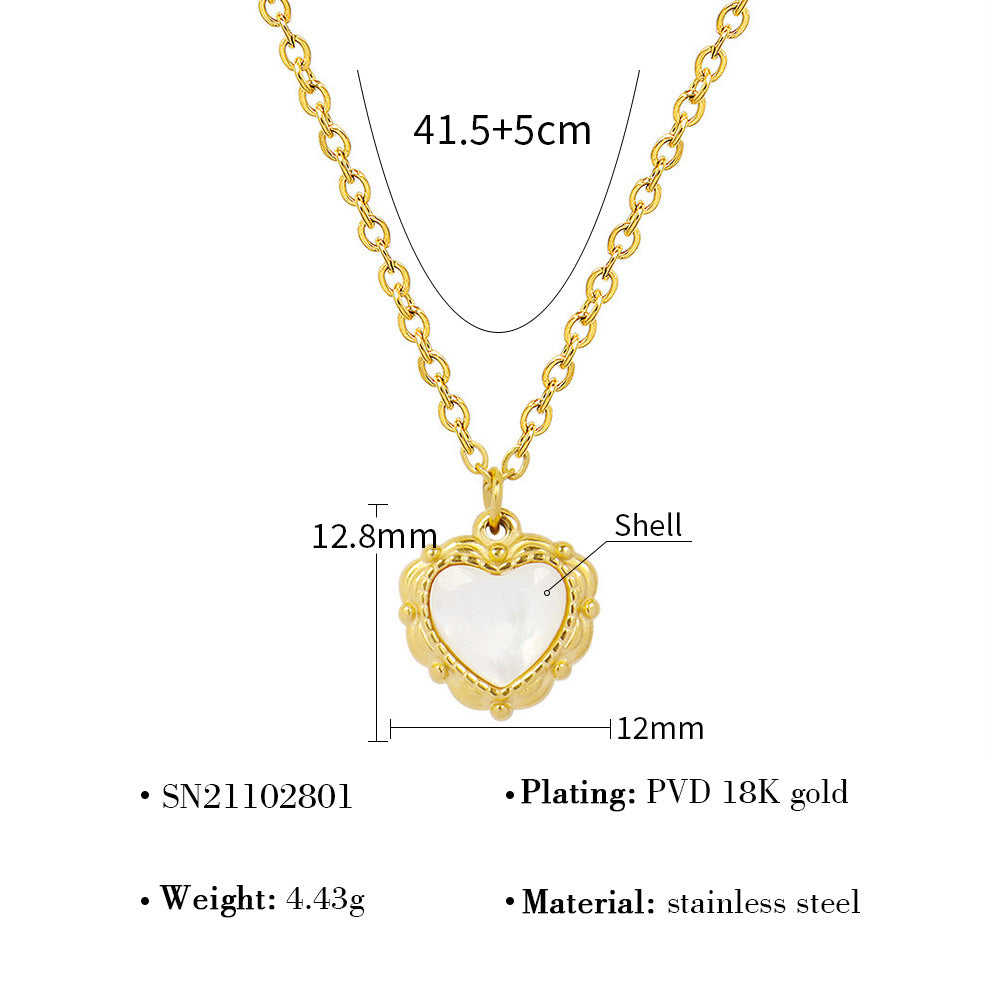 French-Style Fashion Light Luxury Versatile Necklace, Real Gold Plated, Non-Fading, Clavicle Chain, Suitable for Bathing, Mother-Of-Pearl Pendant, Heart-Shaped Necklace