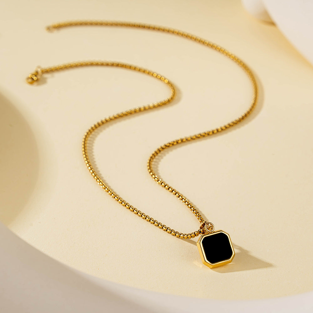 Amazon Cross-Border Best-Selling Fashionable Stainless Steel Small Square Black Oil Necklace Men and Women Souvenir Holiday Gift