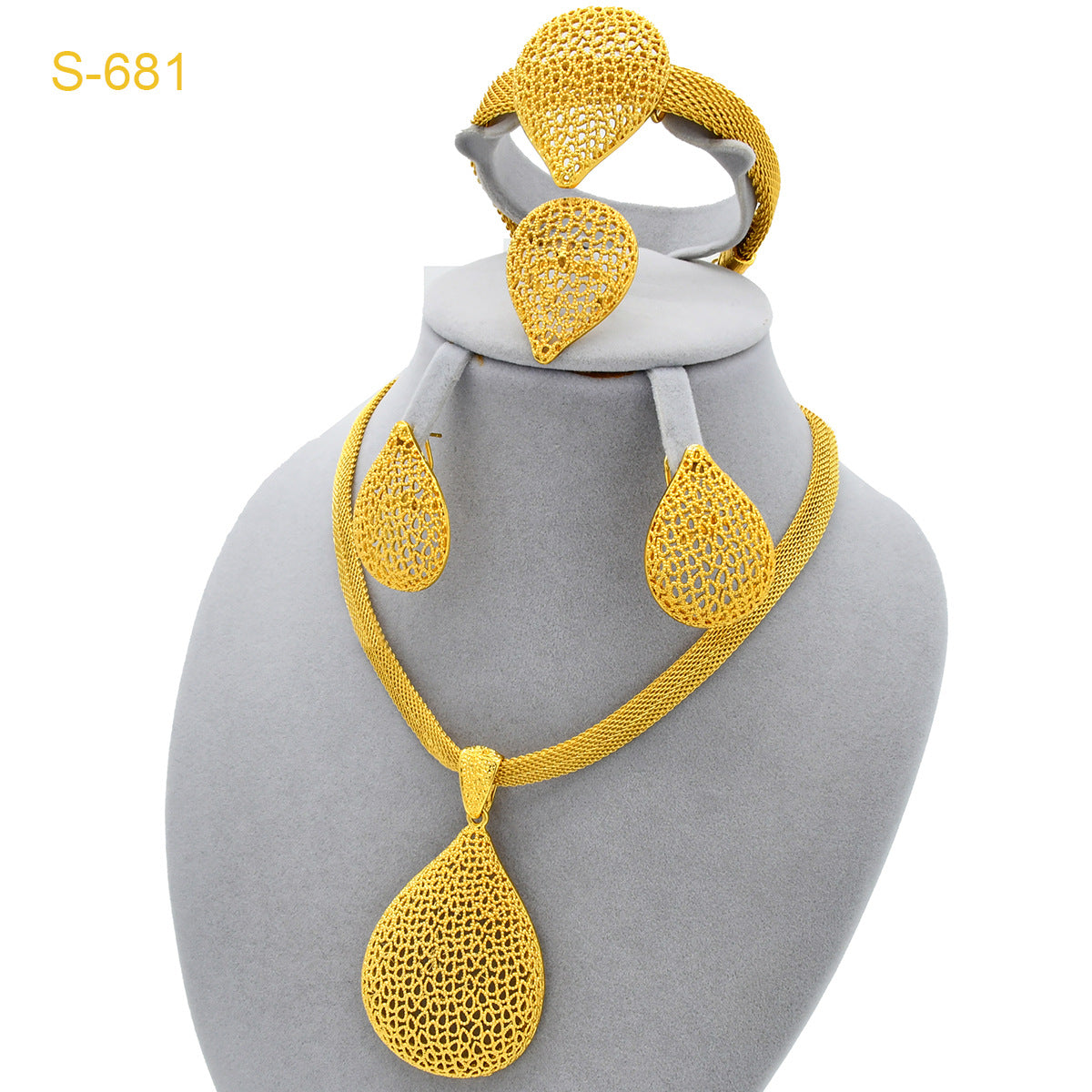 24K Gold Dubai Explosions Bride Four-piece Flower Rhinestone Jewelry Alloy Necklace Bracelet Earrings Ring