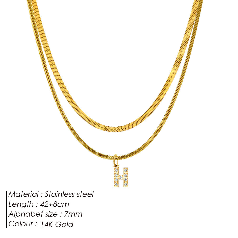 St.Delan European and American Style Stainless Steel Double-Layer Flat Snake Chain Round Snake Chain 26 Letter Necklace Stackable Diamond-Encrusted Collarbone Chain Sweet