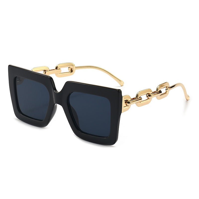 2025 New Black Sunglasses Women's Fashion European and American Large Frame Chain Sun Shade Sunglasses Outdoor Accessories Glasses