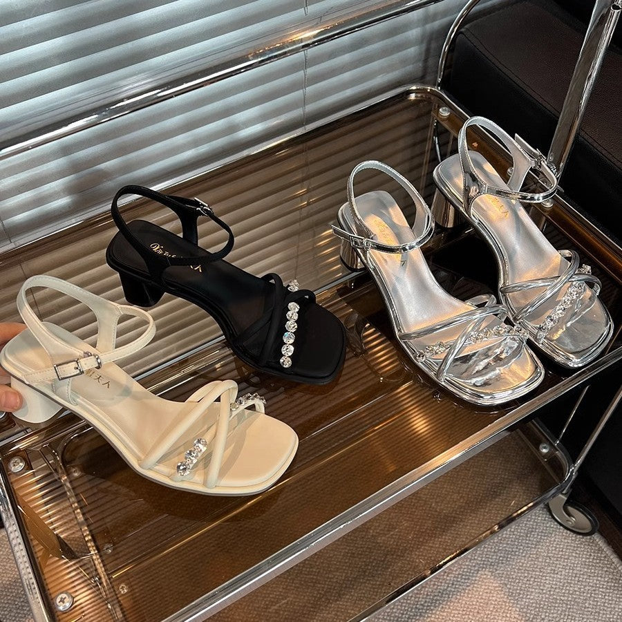 French-Style High-Heeled Mid-Heel Sandals for Women, 2026 New Summer Model, Single-Strap with Rhinestones, Chunky Heel, Suitable for Pairing with Dresses, Fairy Sandals