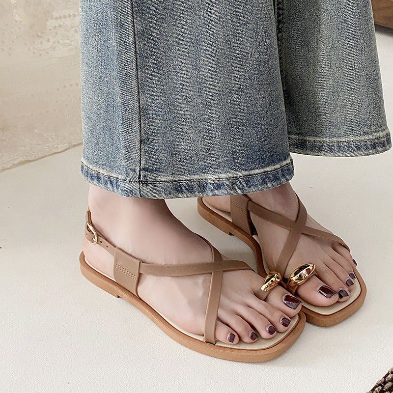 New Roman Sandals Women's Summer All-match Outwear Beach Finger Slippers 2024 Elegant Flip Flops for Women