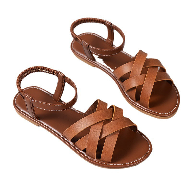 Cross-border New Round Toe Flat Sandals Women's 2023 Summer Foreign Trade Large Size Beachy Roman Sandals Spot