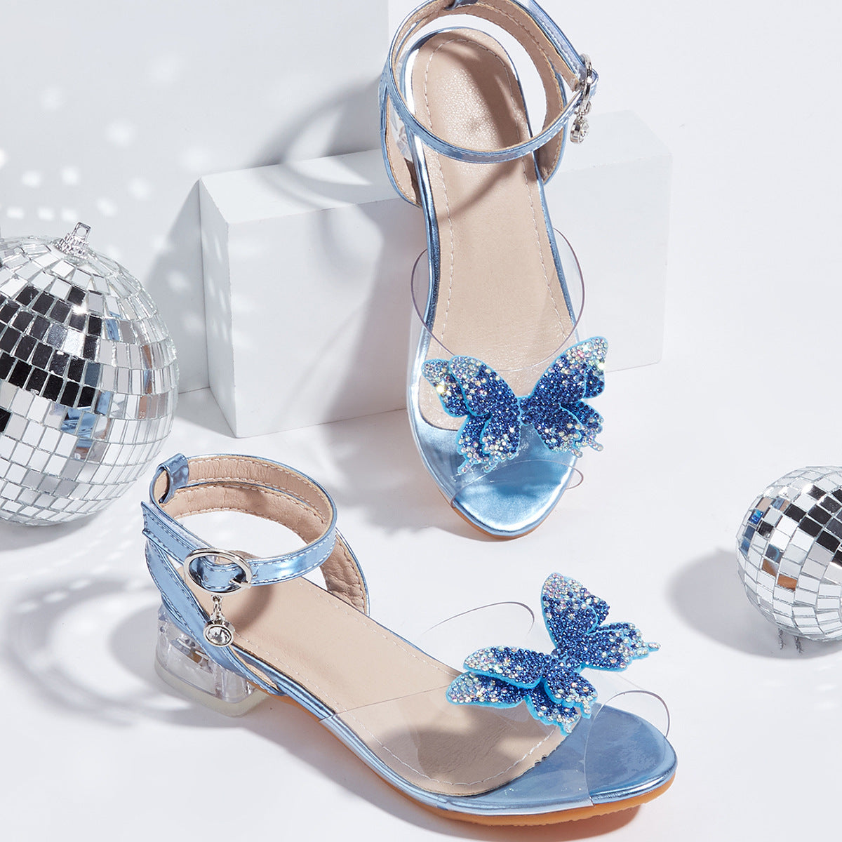 2026 Summer New Bowknot Chunky Heel Sandals for Women Transparent Strap High Heels Rhinestone Peep Toe Princess Shoes
