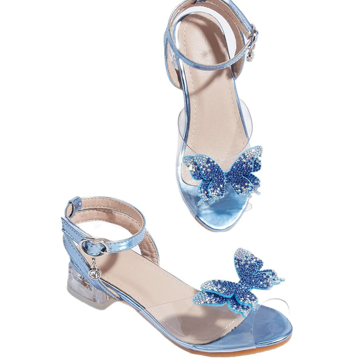 2026 Summer New Bowknot Chunky Heel Sandals for Women Transparent Strap High Heels Rhinestone Peep Toe Princess Shoes