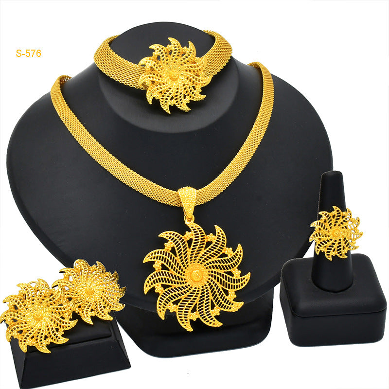 24K Gold Dubai Explosions Bride Four-piece Flower Rhinestone Jewelry Alloy Necklace Bracelet Earrings Ring